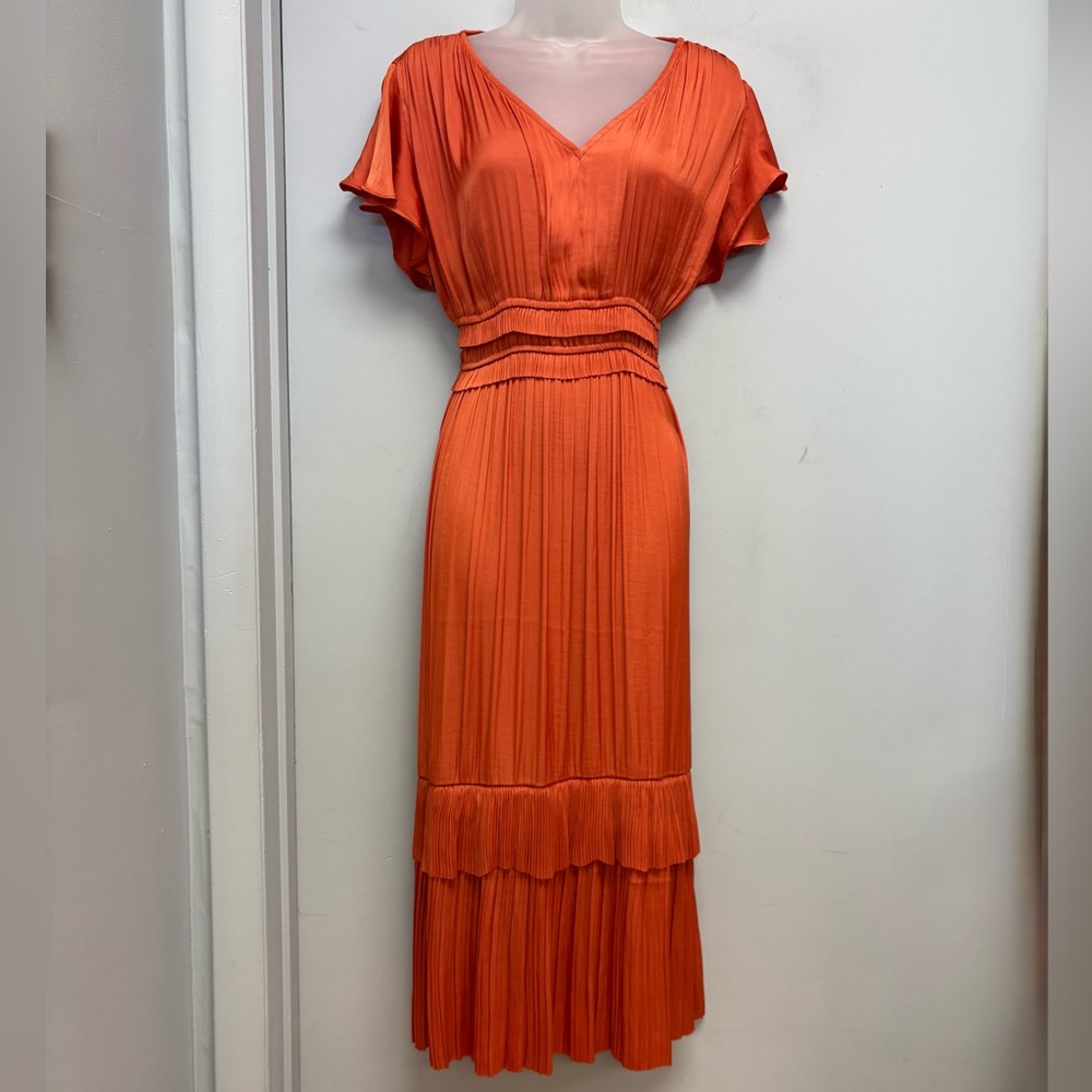 Joie Orange Pleated Midi Dress | Flutter Sleeve | Size Large